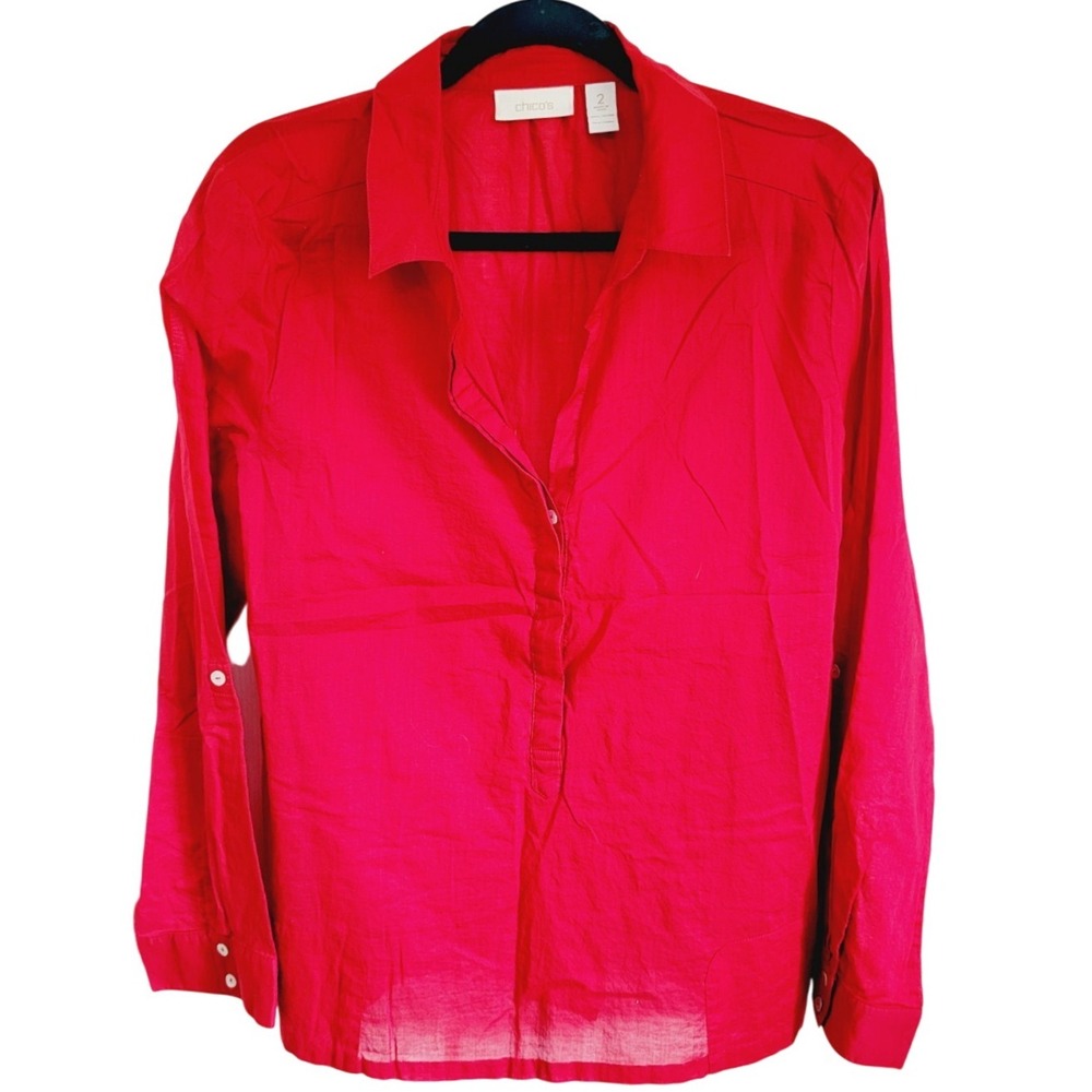 Chico's 2 Half Button Front Shirt Women's Size L Red Roll Tab Sleeves